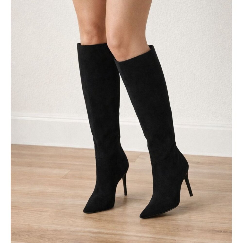 INC international Concept Size 9.5  Below Knee 4" Faux Suede Boots Black - Picture 4 of 16
